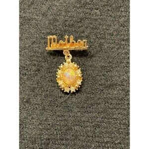Vintage Mother Pin with Rhinestones & Opalescent Gold Tone Dangle Brooch